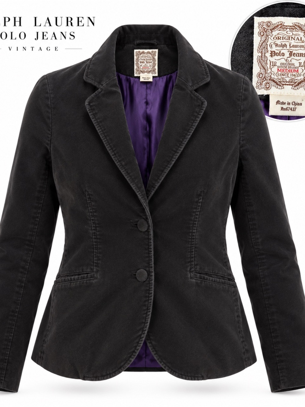 Polo Jeans Co Ralph Lauren Women's M Black Blazer Y2K Preppy Dark Academia